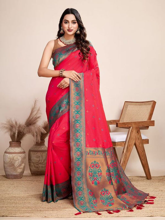 Pink Color Heavy Wevon Designer Jacquard Silk Saree For Traditonal Looks