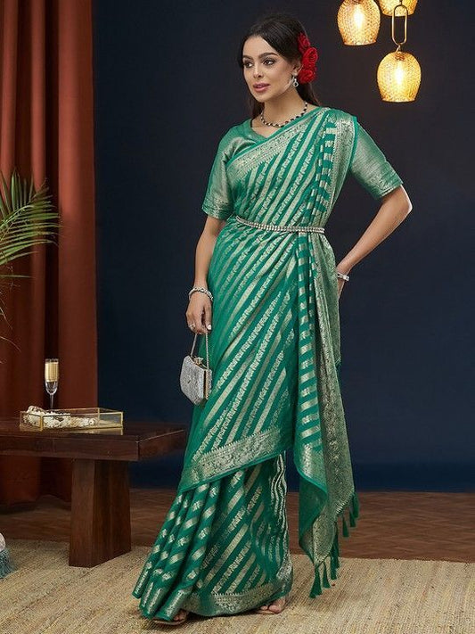 Aqua Georgette Leheriya Saree With Tassels on Pallu and Stitched Aqua Blouse