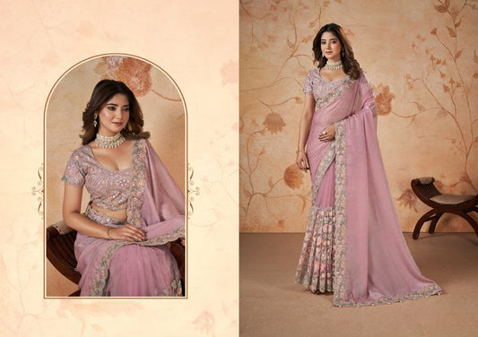 Baby Pink Heavy Embroidery & Patch & Pearl Work Crape Satin Silk Crush Saree