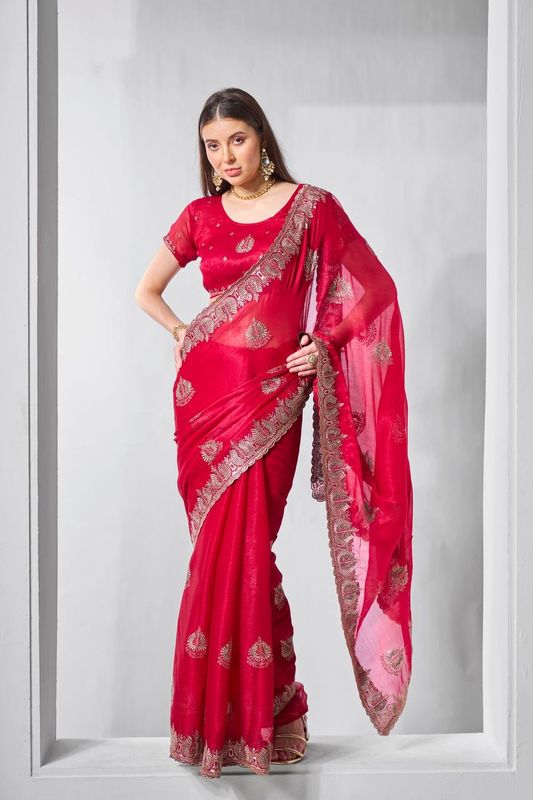 Red Designer Embroidery Work Sitara Chiffon Saree