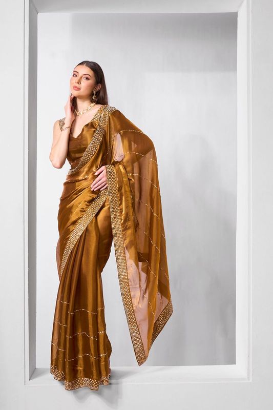 Brown Color Jimmy Choo Fabric Designer Embroidery Work Ceremonial Partywear Saree