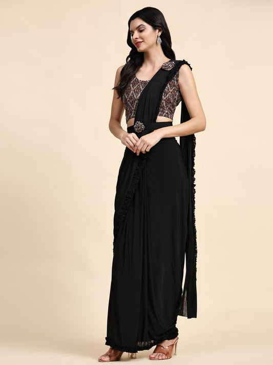 Black Solid & Sequance Embroidery Work Lycra Saree