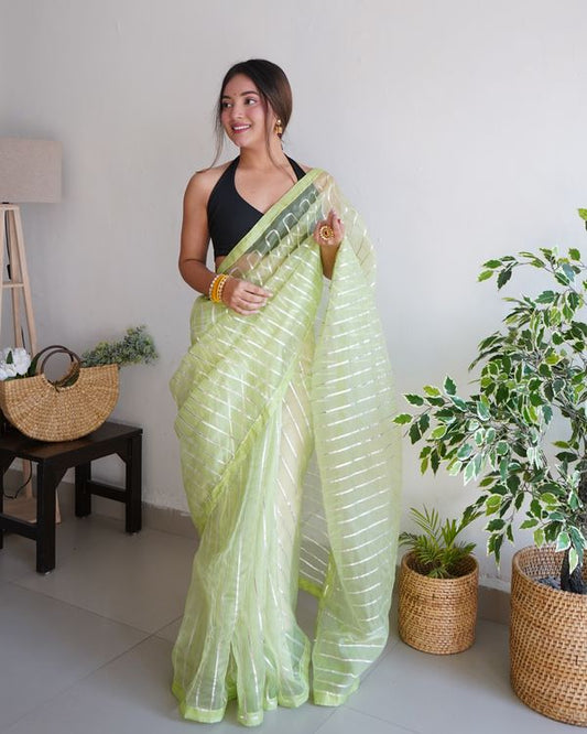 Green Silver Gota Embroidery Work Organza Saree