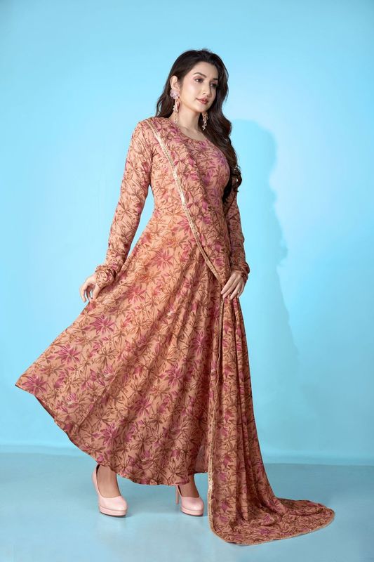 Brown Georgette Designer Printed Graceful Partyweaar Gown With Dupatta