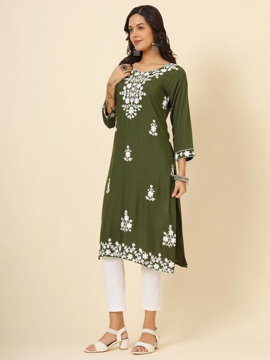 Green Liva Rayon Chickenkari Thread Embroidery Work Formal Looks Indian Ethnic Kurta