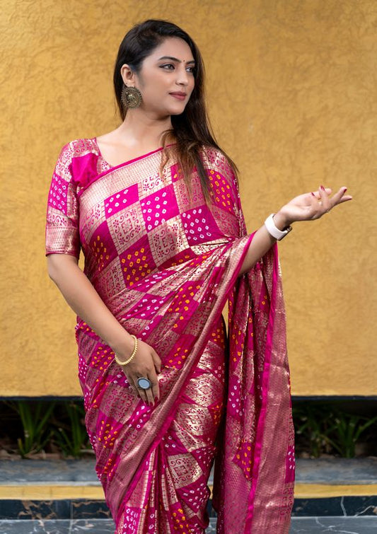 Pink Wevon Designer & Bandhej Printed Silk Saree