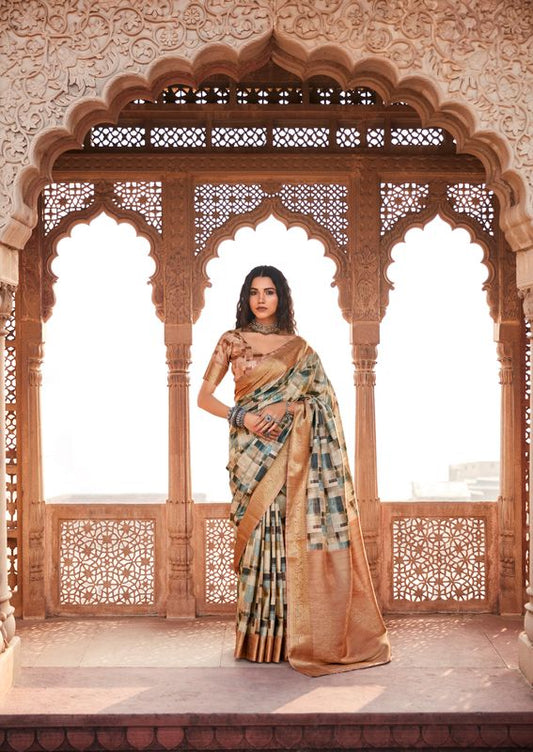 Peach Weaving Border Designer & Digital Printed Handloom Silk Saree