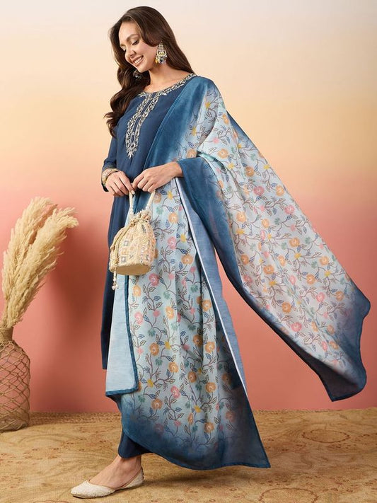 Blue Color Rich Looks Hand Woven Readymade Dress With Sophisticated Embroidery Work