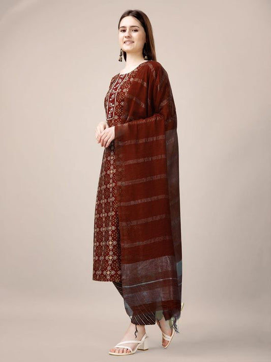 Maroon Color Rayon Fabric Designer Printed Readymade Suits With Smart Embroidery Work