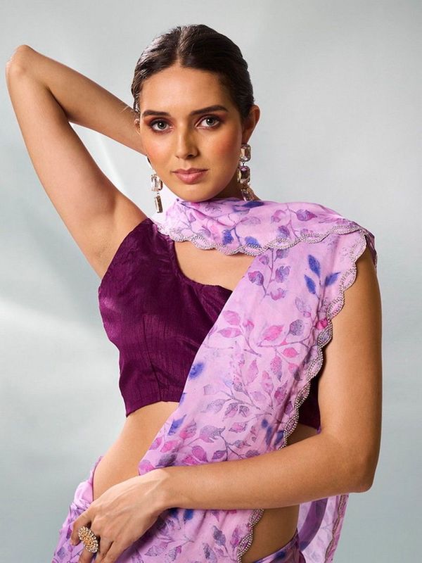 Lavender Color Satin Georgette Fabric  Designer Printed Graceful Bollywood Style Party Saree