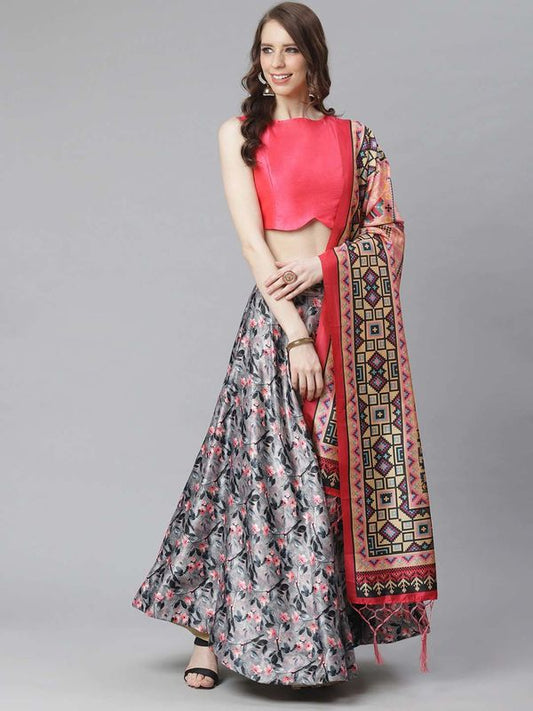 Digital Print Satin Silk Fabric Stitched Lehenga Choli With Jequared Blouse and Assami Silk Thread Work Dupatta For Women and Girls In Festive Party And Traditional Wear