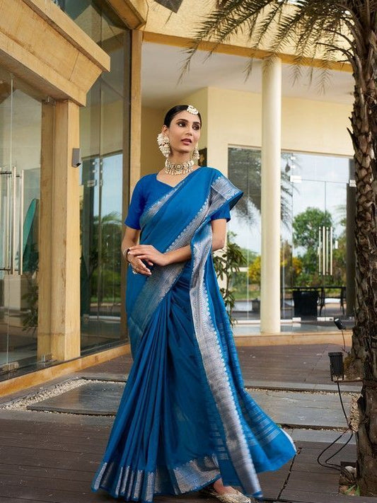 Blue Crepe Woven Saree and Stitched Blue Blouse