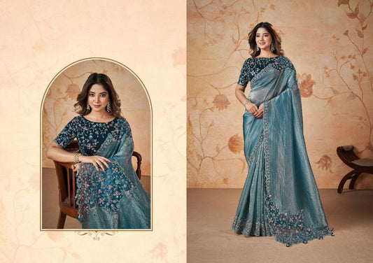 Ocean Blue Heavy Embroidery & Patch & Pearl Work Banarasi Crush Silk Saree