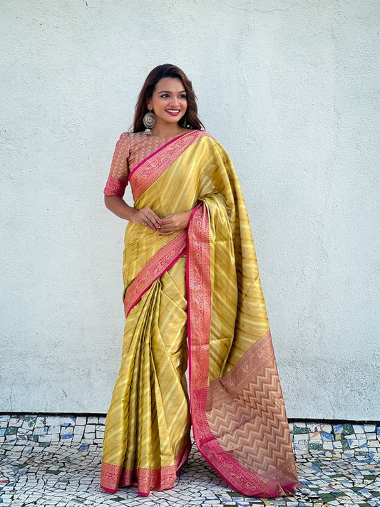 Yellow Color Jari TissueFestive Ethnic Saree With Wevon Laheriya Designer Looks