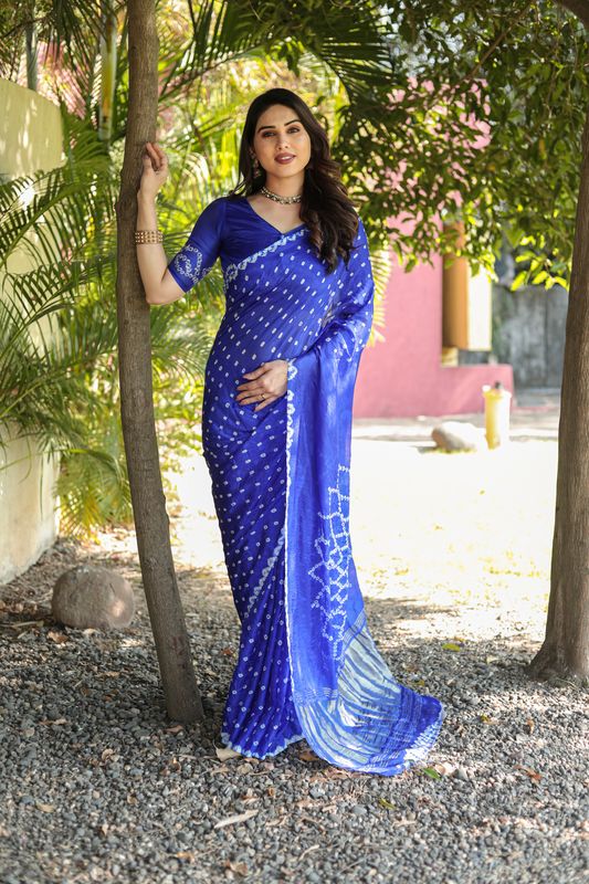 Blue Wevon Jari Pallu Designer & Bandhej Printed Silk Saree