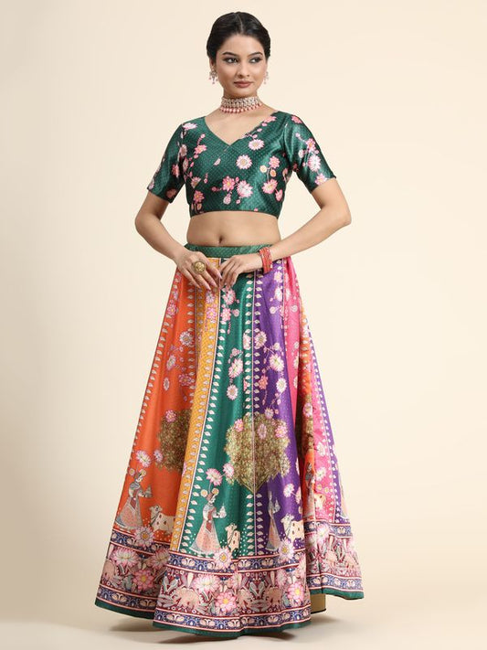 Digital Print Satin Silk Fabric Stitched Lehenga Choli With Jequared Blouse and Assami Silk Thread Work Dupatta For Women and Girls In Festive Party And Traditional Wear