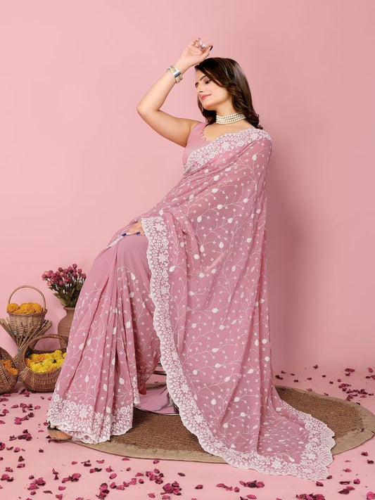 Pink Thread & Sequance Embroidery Work Georgette Saree