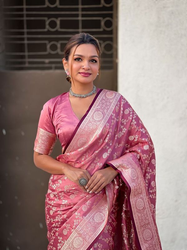 Pink Color Banarasi Silk  Wevon Jari Designer Rich Looks Partywear Saree