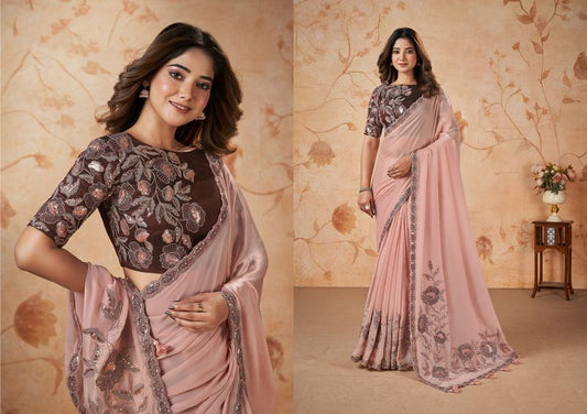 Light Peach Heavy Embroidery & Patch & Pearl Work Crape Satin Silk Saree