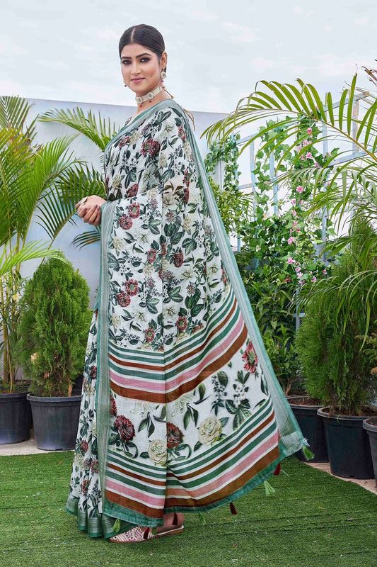 Off White Color Linen Blend Digital Printed Designer For Graceful Festive Looks