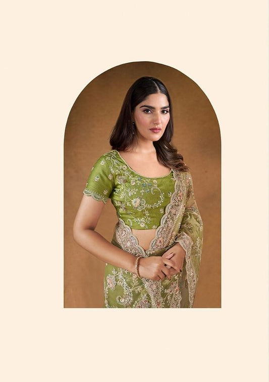 Green Sequence & Cord Embroidery Work Net Saree