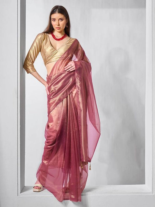 Onion Color Gold Tissue Net Solid Texture Saree With Graceful Gold Cotted