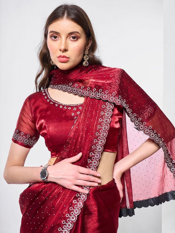 Maroon Color Burburry Fabric Bollywood Style Swarovski  Designer Work Evening Party Saree