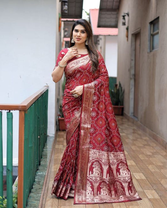 Maroon Kanchi Wevon Jari Designer & Bandhej Printed Dola Silk Saree