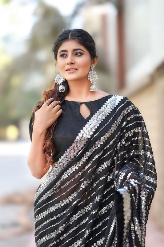 Black Color Georgette Fabric Glamorous Sequance Embroidery Work Saree