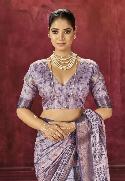 Dusky Purple Wevon Border Designer With Printed Dolla Silk Saree