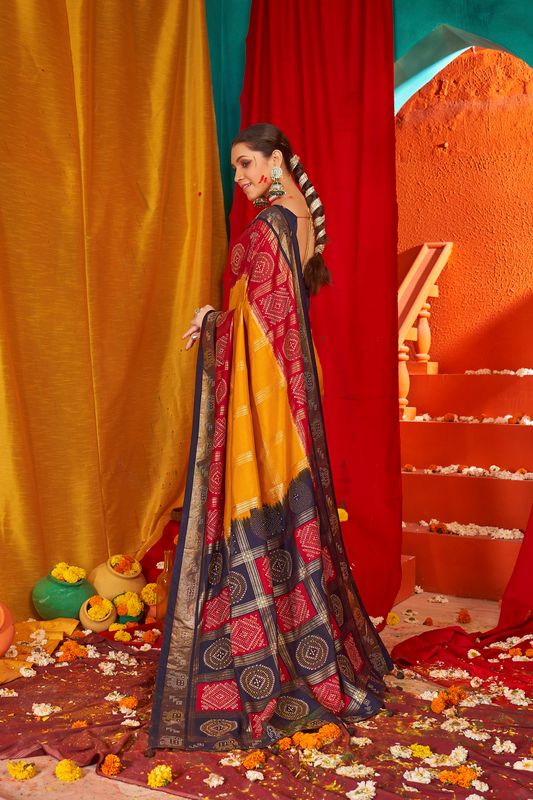 Gold Red Tussar Silk Wevon Designer Saree With Glittering Swarovski Work