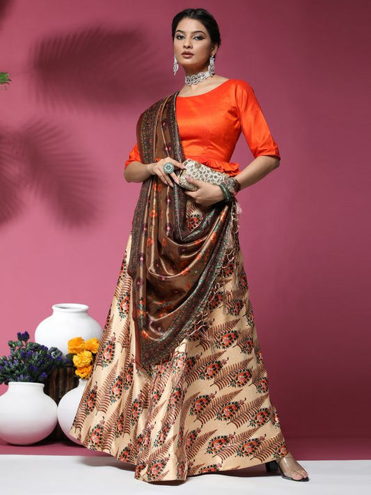 Digital Print Satin Silk Fabric Stitched Lehenga Choli With Jequared Blouse and Assami Silk Thread Work Dupatta For Women and Girls In Festive Party And Traditional Wear