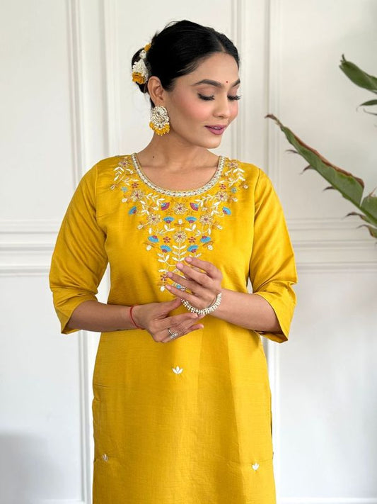 Yellow Chanderi Viscose A-Line Kurta