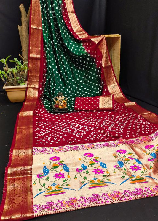 Red Dola Silk Wevon Designer Saree With Traditional Hand Bandhej Printed