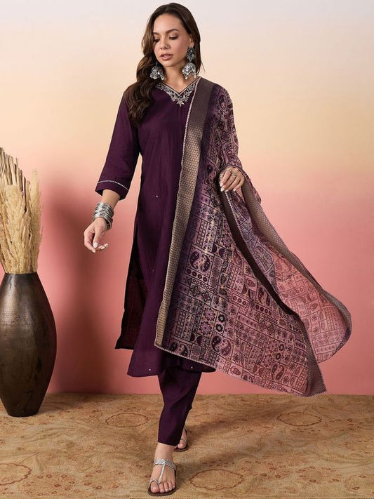 Purple Color Rich Looks Hand Woven Readymade Dress With Sophisticated Embroidery Work