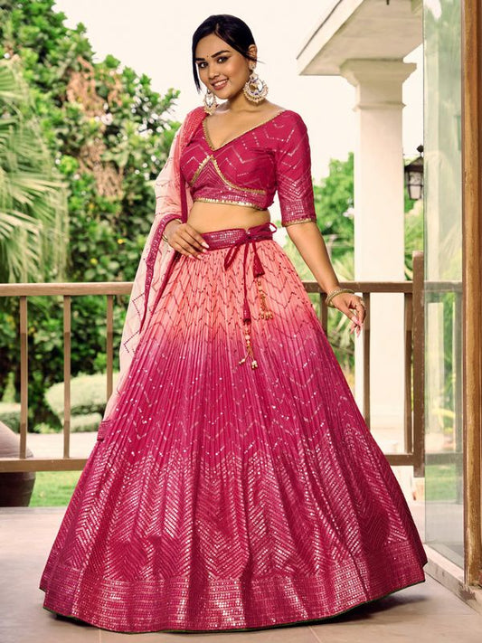 Pink Women's Chinon Embroidery Lehenga Choli