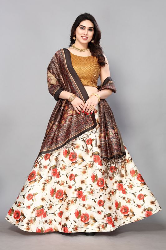 Digital Print Satin Silk Fabric Stitched Lehenga Choli With Jequared Blouse and Assami Silk Thread Work Dupatta For Women and Girls In Festive Party And Traditional Wear