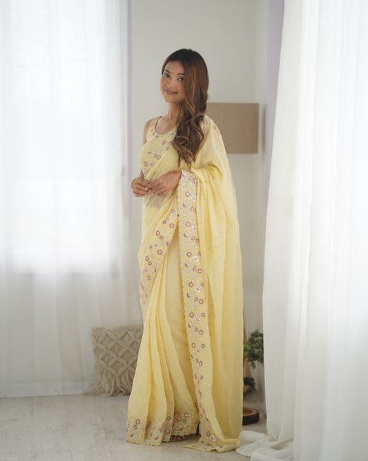 Yellow Georgette Coding And Sequins Embroidery Work Trendy Ceremonial Saree