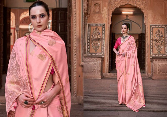 Peach Weaving jari Designer Satin Silk Saree