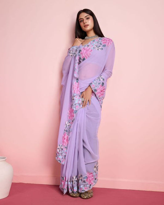 Voilet Multy Thread Embroidery Work Georgette Saree