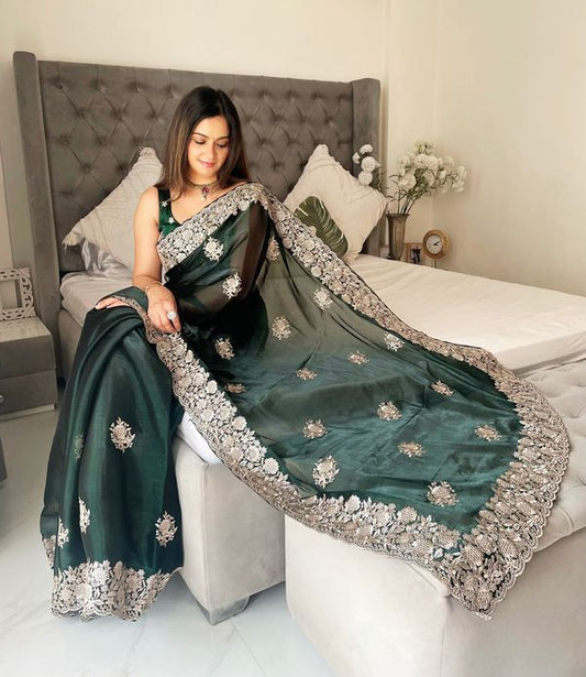 Green Heavy Golden Jari Embroidery Work Organza Silk Saree