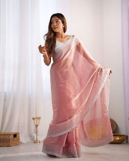 Peach Designer Sequance Embroidery Work Jimmy Choo Saree