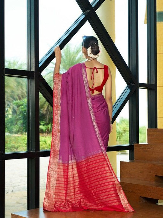 Wine Crepe Woven Saree and Stitched Red Blouse