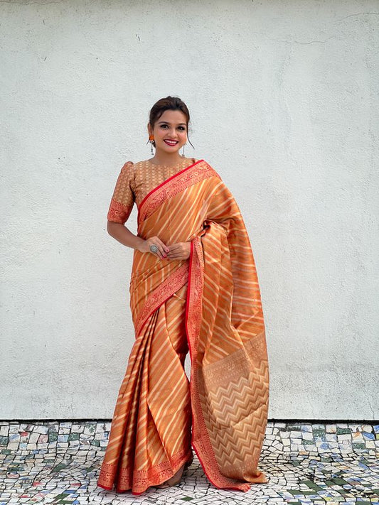 Orange Wevon Laheriya Designer Jari Tissue Saree