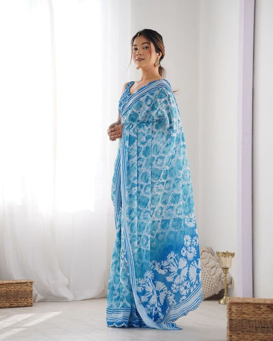 Blue Designer Digital Printed & Mirror Cut Work Chinon Saree