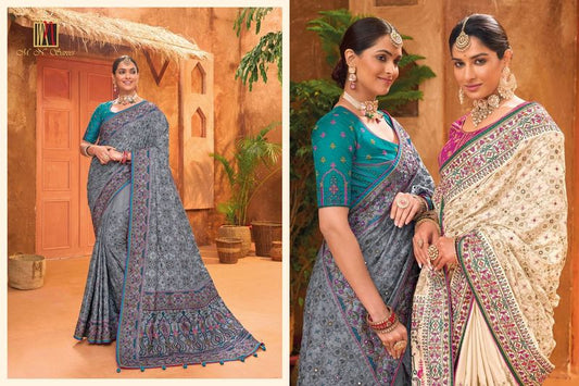 Grey Wevon Designer & Real Mirror & Diamond & Kachhi Work Banaras Silk Saree