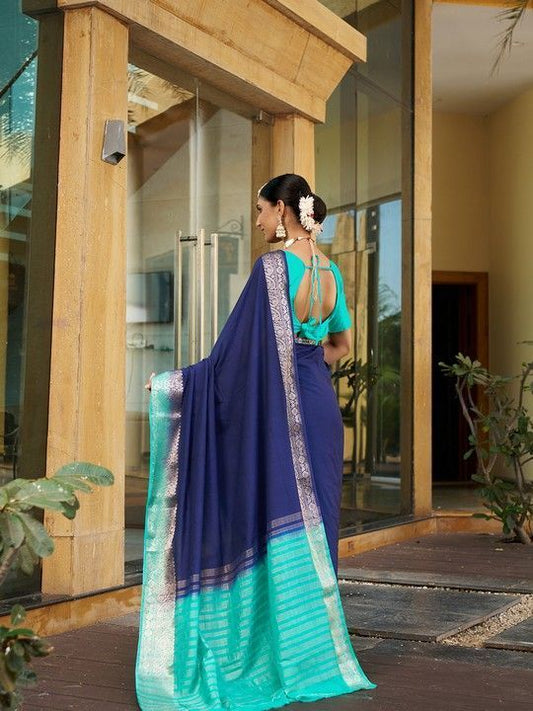 Blue Crepe Woven Saree and Stitched Rama Blouse