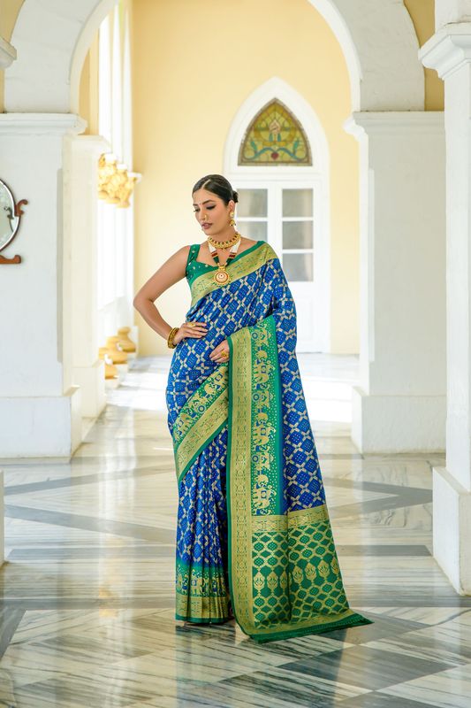 Blue Wevon Bandhani Designer Banarasi Silk Saree