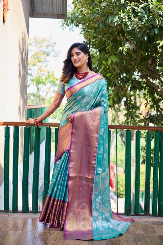 Sea Green Wevon Jari Designer Banarasi Handloom Silk Saree