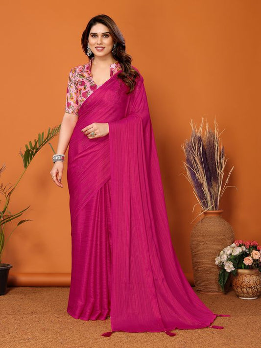 Pink Solid & Digital Printed Blouse Polyester Zari Saree